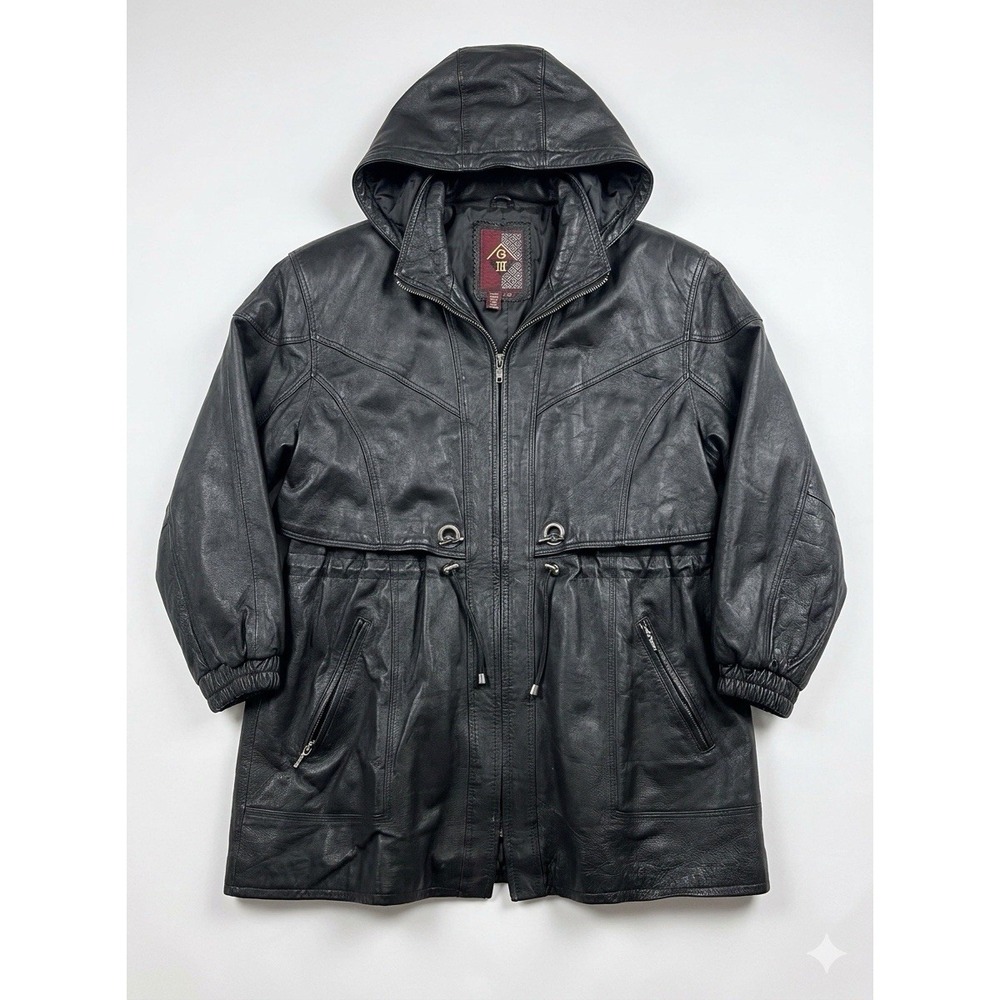 G-III Vintage Black Leather Hooded Parka Coat Womens Large Mid Length Full Zip